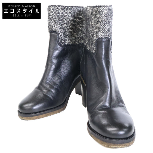 CHANEL [Excellent condition] G32008 Coco Mark tweed-panel leather ankle boots