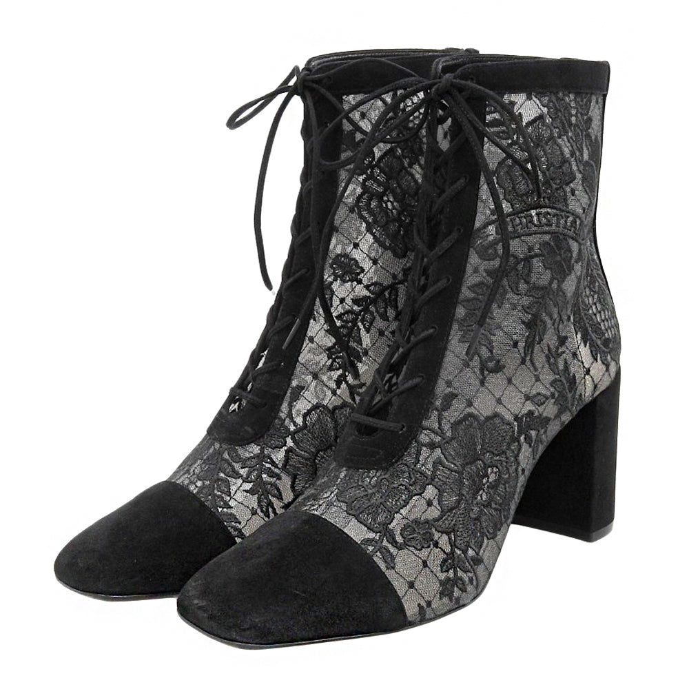 DIOR Fine Condition Lace-Embroidered Back-Zip Lace-Up Boots Shoes Women's Black 39 NAUGHTILY-D Shoes