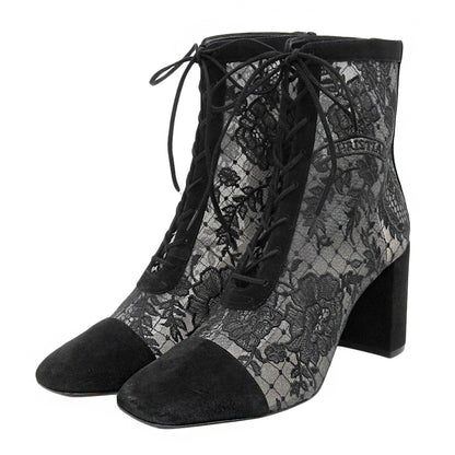 DIOR Fine Condition Lace-Embroidered Back-Zip Lace-Up Boots Shoes Women's Black 39 NAUGHTILY-D Shoes