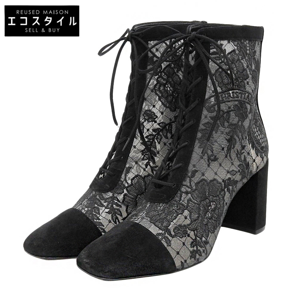 DIOR Fine Condition Lace-Embroidered Back-Zip Lace-Up Boots Shoes Women's Black 39 NAUGHTILY-D Shoes
