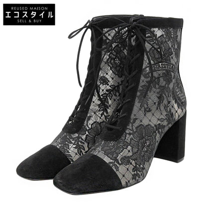 DIOR Fine Condition Lace-Embroidered Back-Zip Lace-Up Boots Shoes Women's Black 39 NAUGHTILY-D Shoes