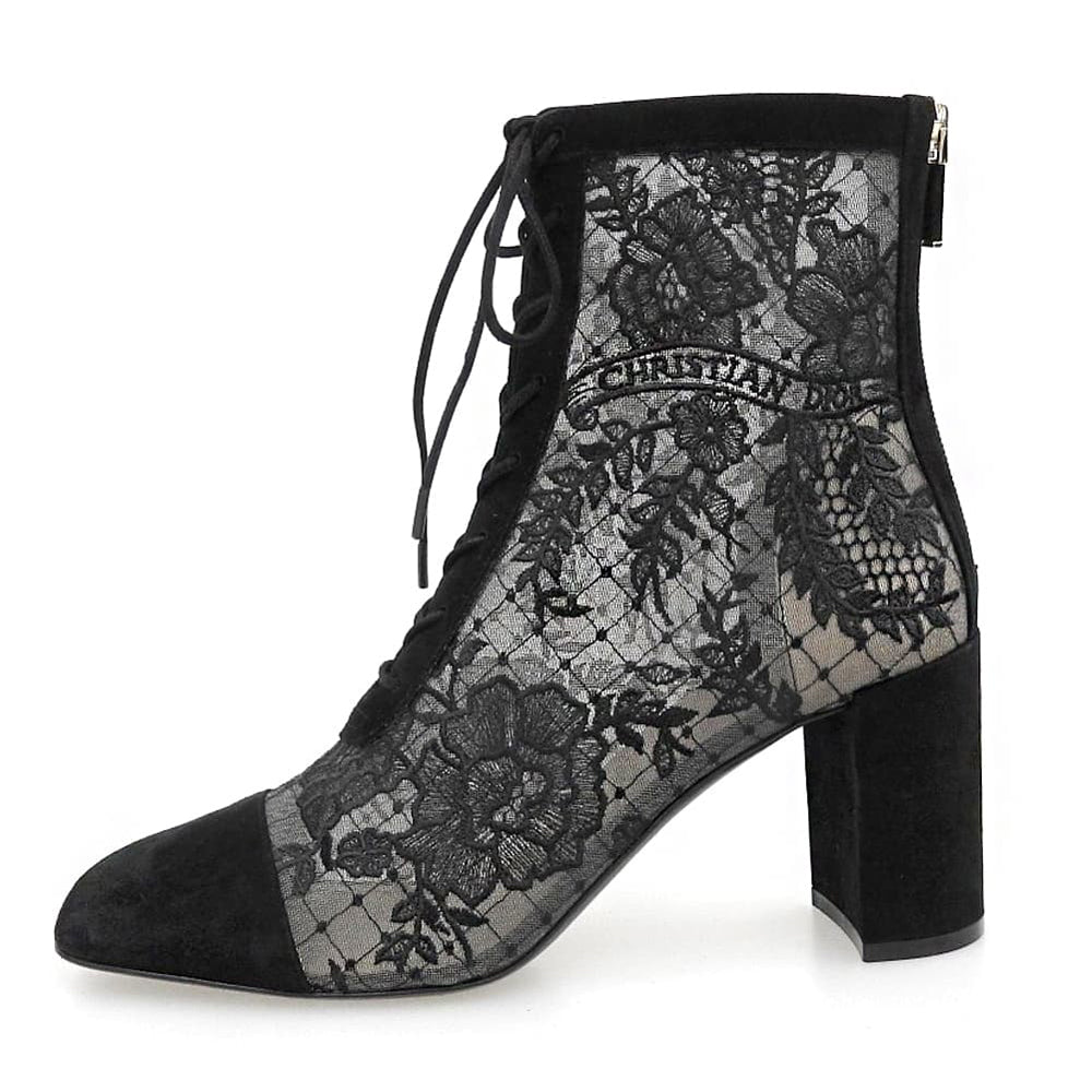 DIOR ディオール 美品 レース刺繍 バックジップ レースアップブーツ シューズ レディース 黒 ブラック 39 NAUGHTILY-D シューズ
