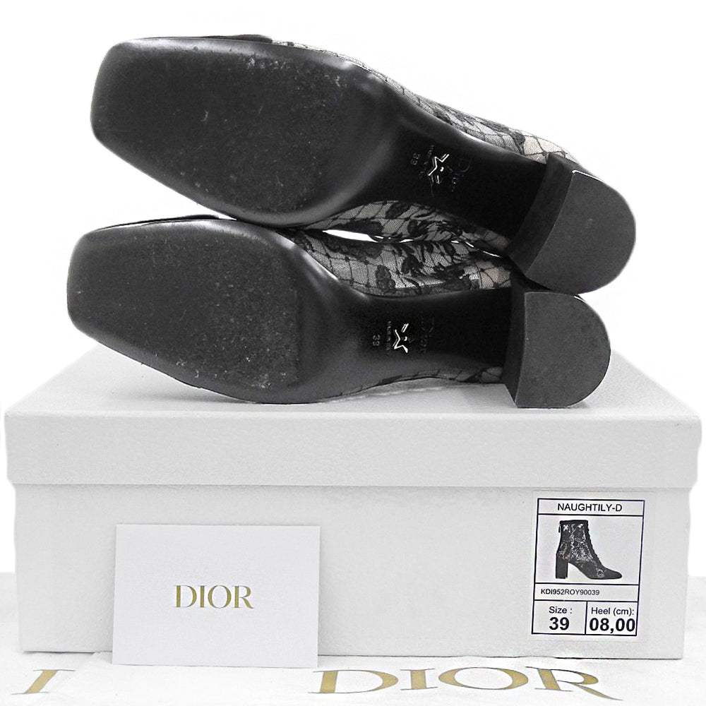 DIOR ディオール 美品 レース刺繍 バックジップ レースアップブーツ シューズ レディース 黒 ブラック 39 NAUGHTILY-D シューズ