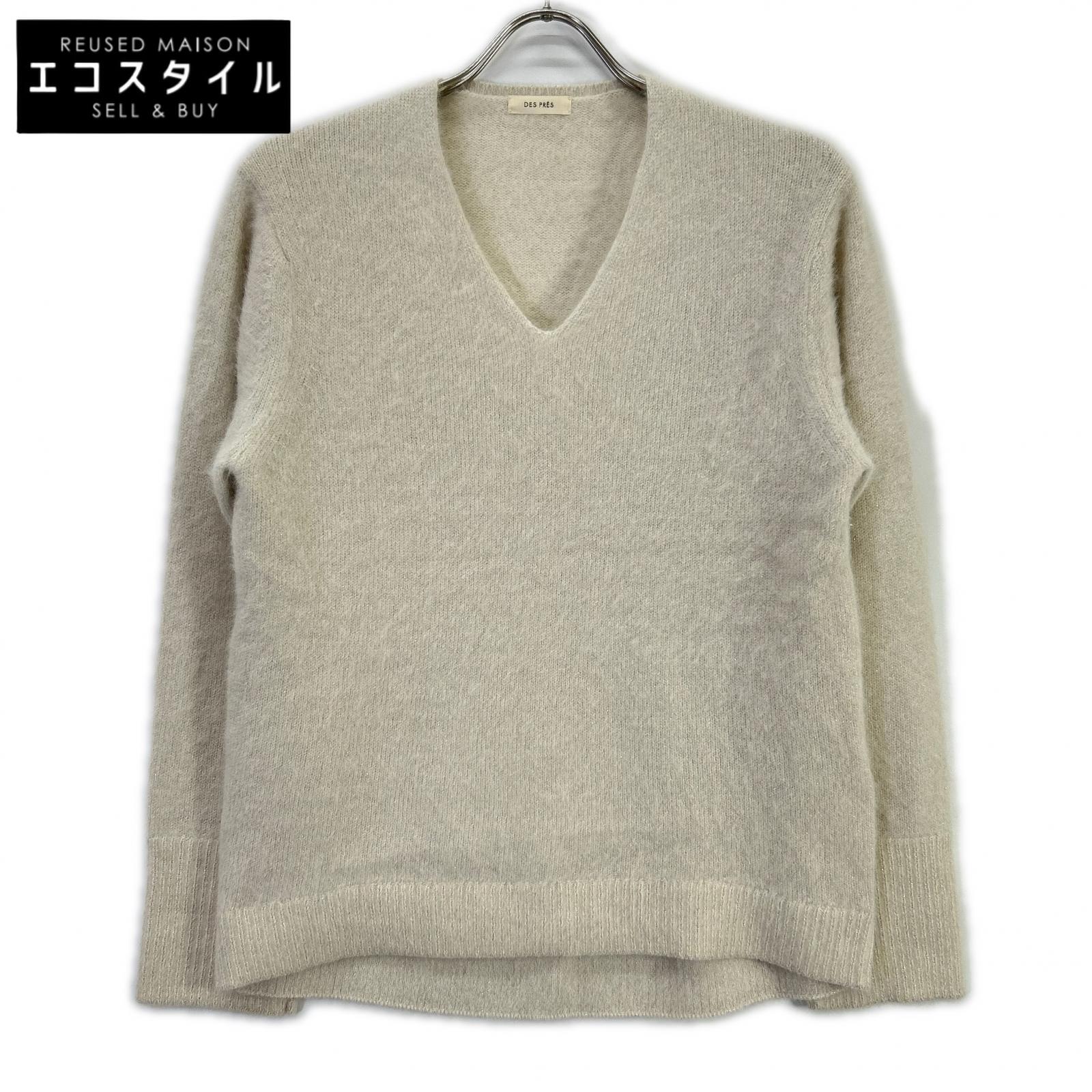 DES PRES Des Prés 22-02-44-02307 white fox cashmere V-neck pullover knit top