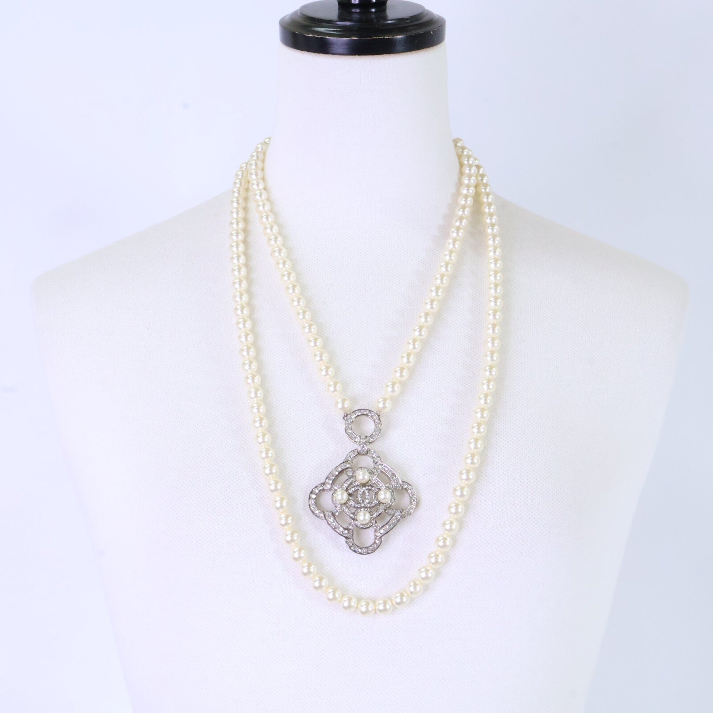 CHANEL シャネル B16B ラインストーン ココマーク カメリア ダブルパールネックレス ネックレス
