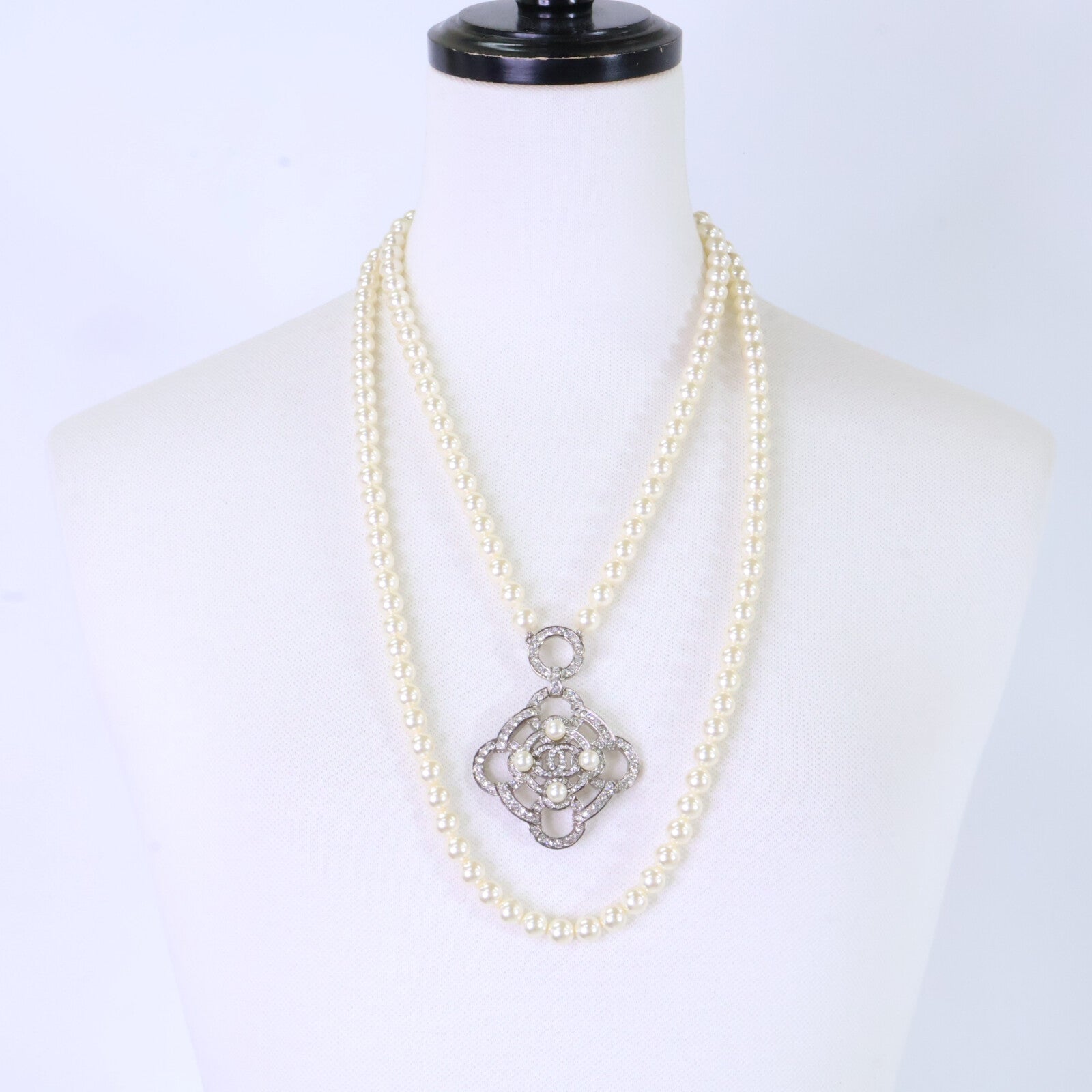 CHANEL シャネル B16B ラインストーン ココマーク カメリア ダブルパールネックレス ネックレス