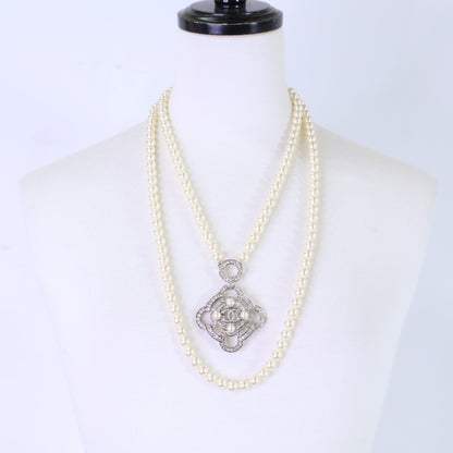 CHANEL シャネル B16B ラインストーン ココマーク カメリア ダブルパールネックレス ネックレス