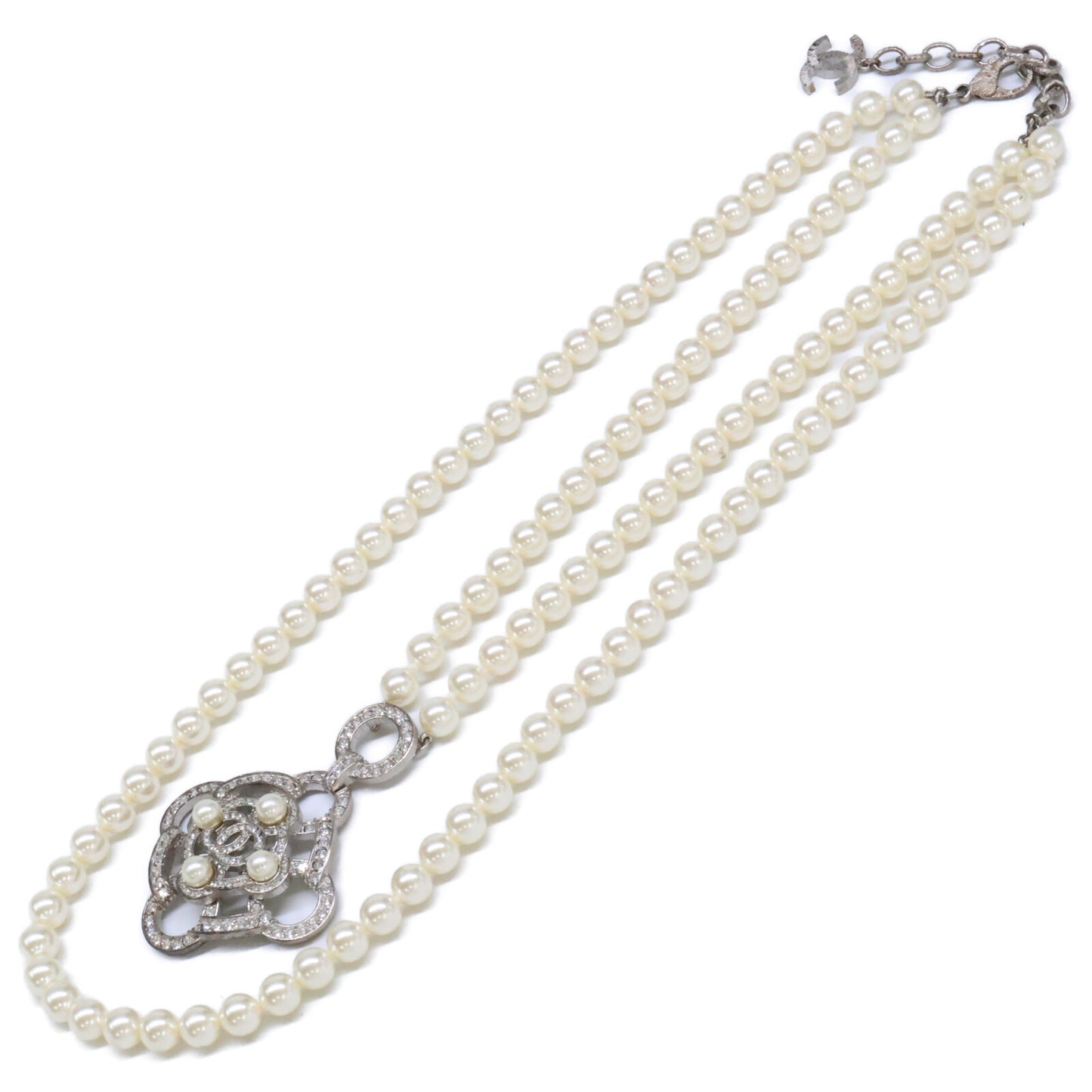 CHANEL シャネル B16B ラインストーン ココマーク カメリア ダブルパールネックレス ネックレス