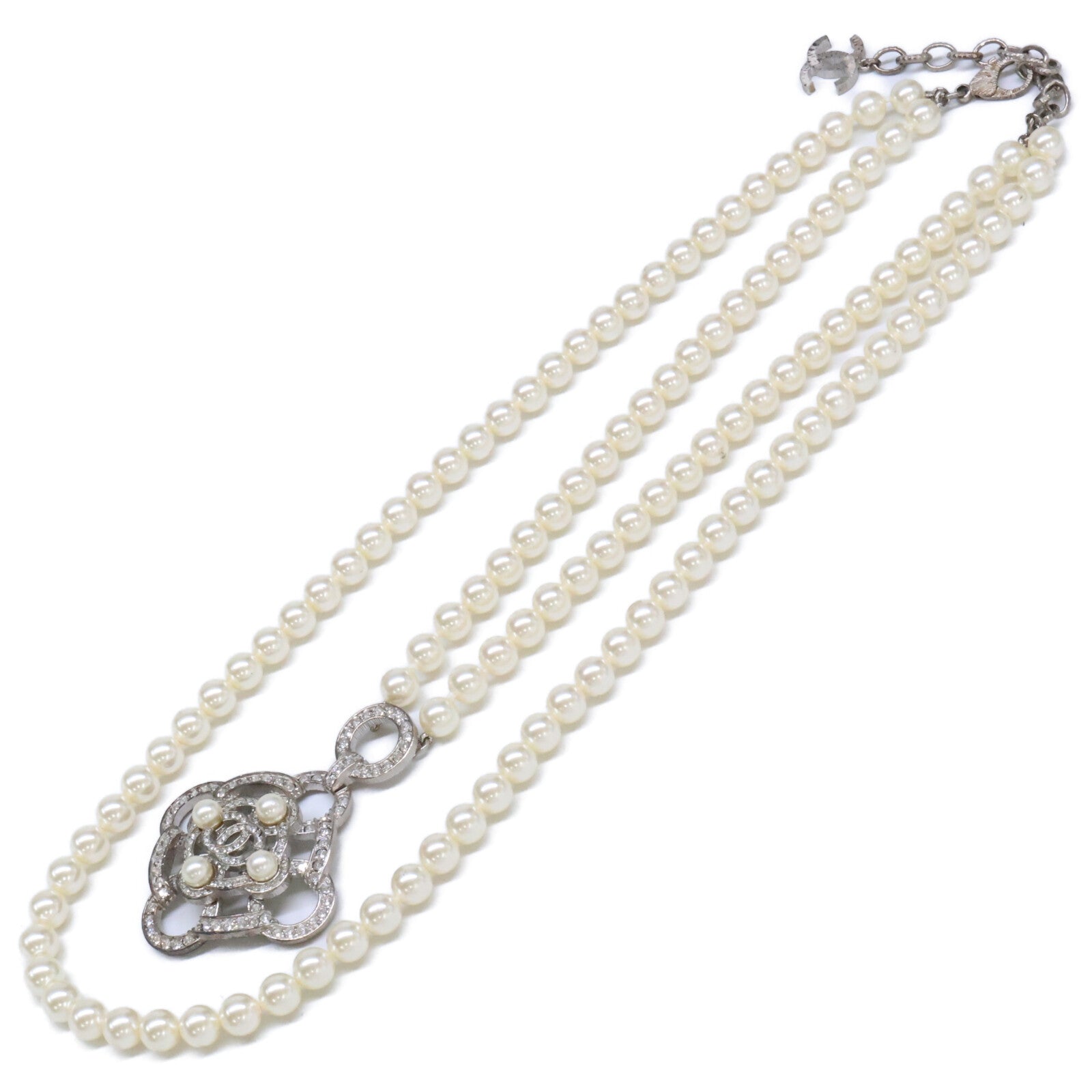 CHANEL シャネル B16B ラインストーン ココマーク カメリア ダブルパールネックレス ネックレス