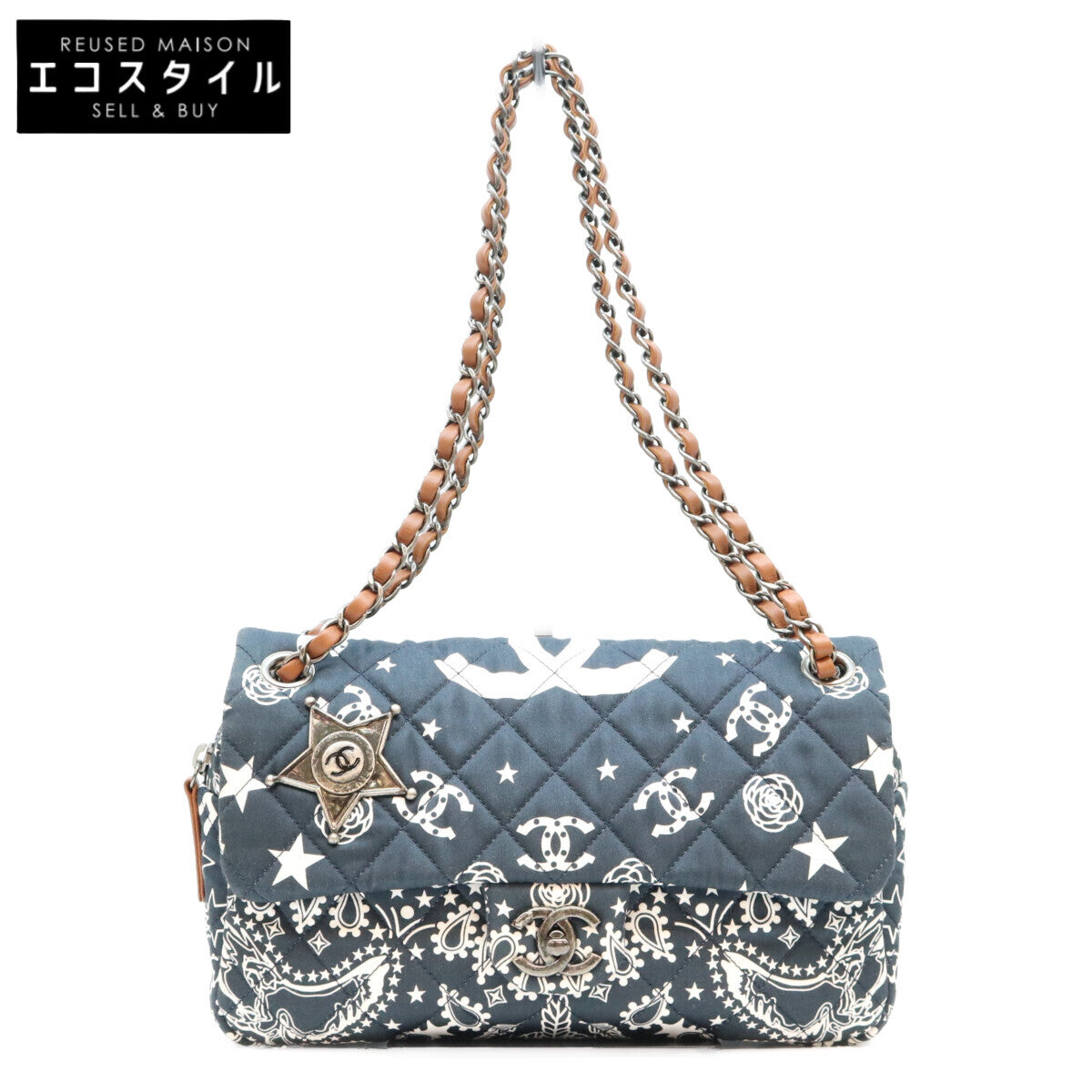 CHANEL シャネル 19番 A92459 Dネイビー コットン パリダラス スター Sフラップ マトラッセ チェーンショルダーバッグ ショルダーバッグ