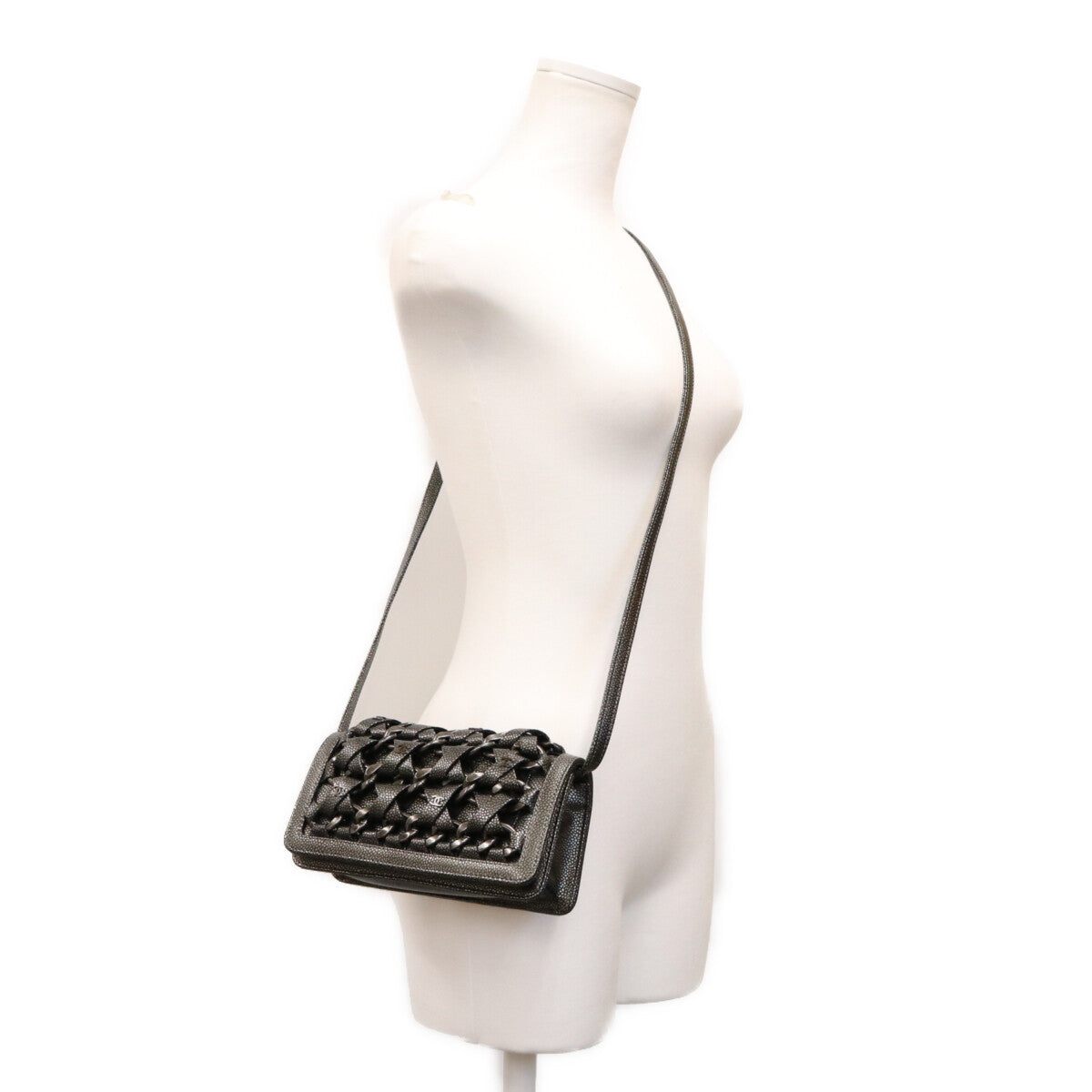 CHANEL シャネル 17番 A67690 メタリックグレー キャビア SV金具 インターレース チェーン ショルダーバッグ ショルダーバッグ