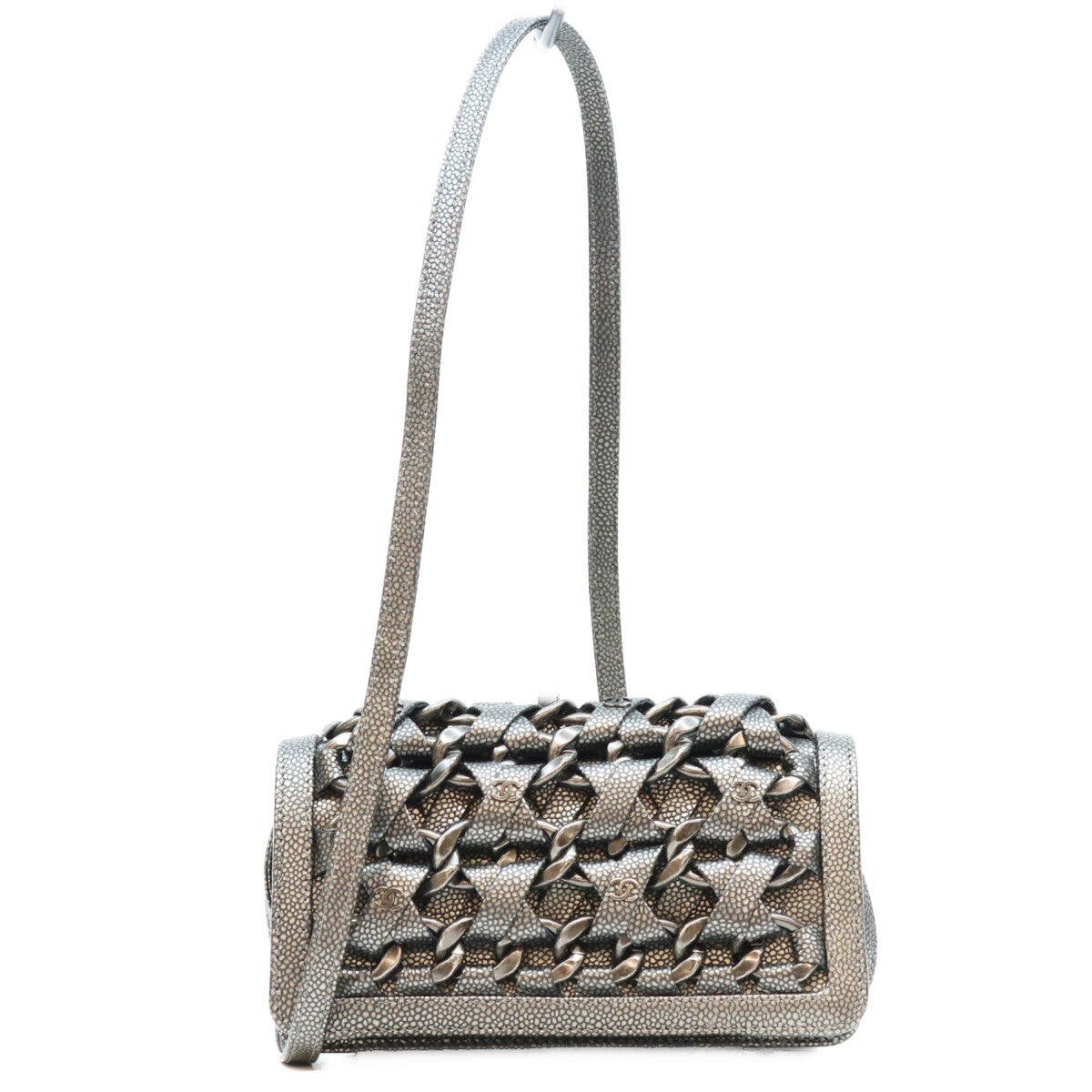 CHANEL シャネル 17番 A67690 メタリックグレー キャビア SV金具 インターレース チェーン ショルダーバッグ ショルダーバッグ