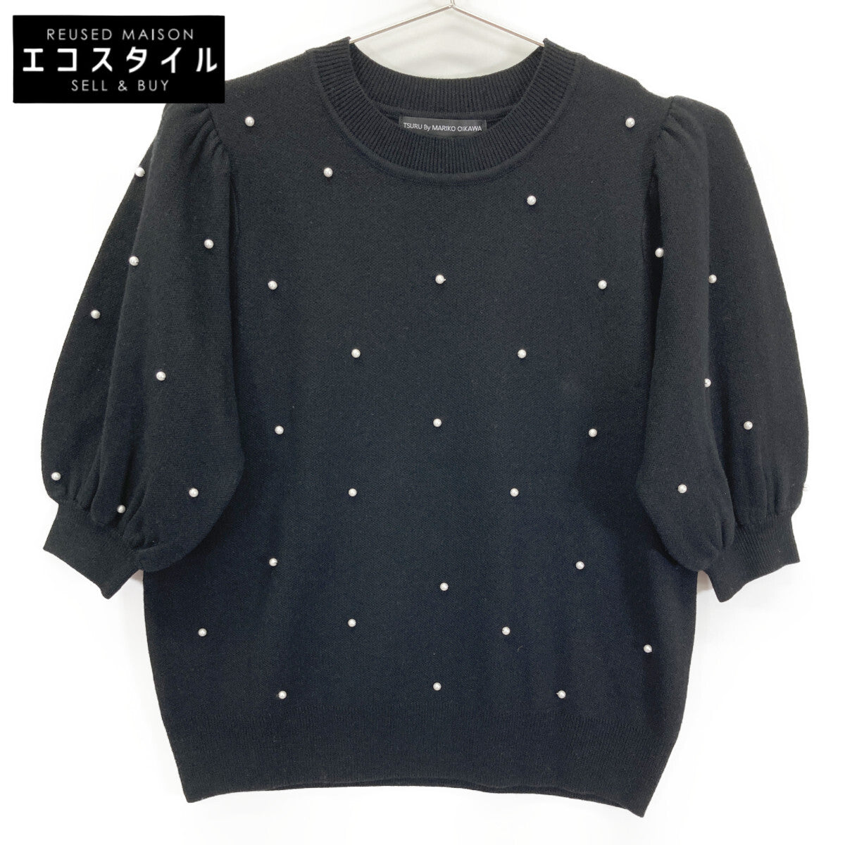 TSURU BY MARIKO OIKAWA Black KN-2242240 Pearl-Knit Puff-Sleeve Top
