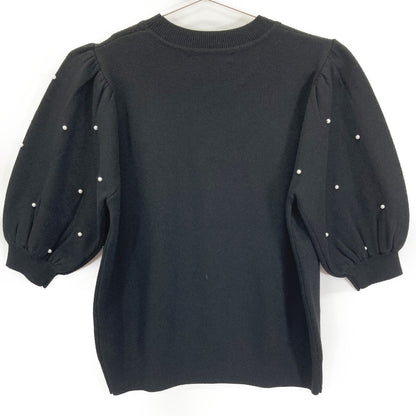 TSURU BY MARIKO OIKAWA Black KN-2242240 Pearl-Knit Puff-Sleeve Top