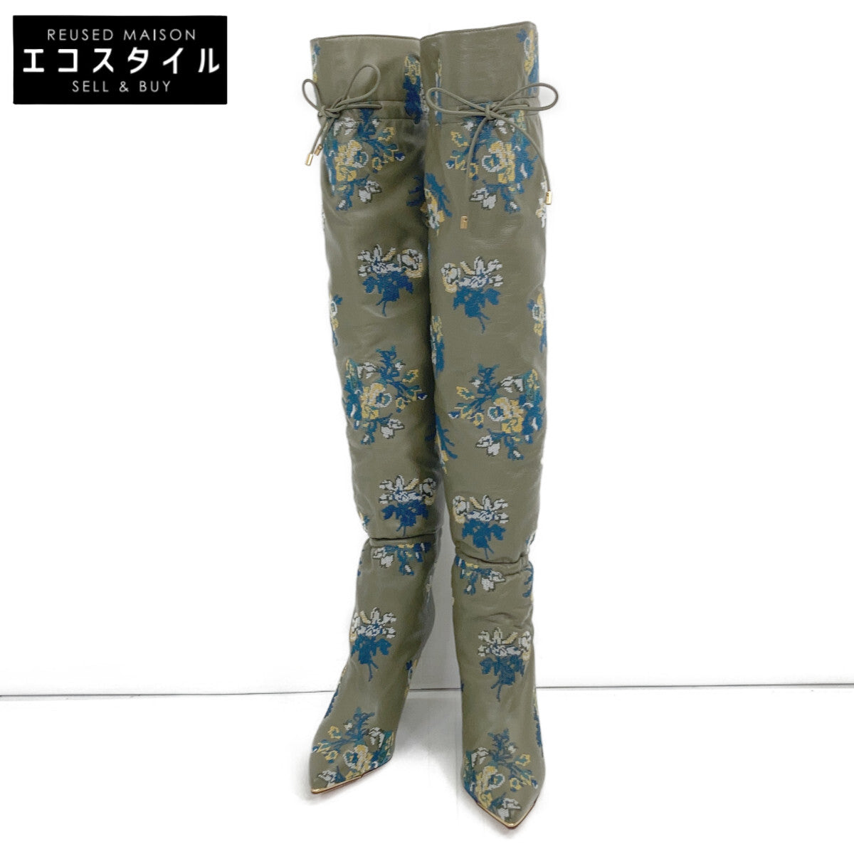 像新的一样 Lila 90 褶皱和刺绣 20AW 及膝靴 鞋子 7M 女式