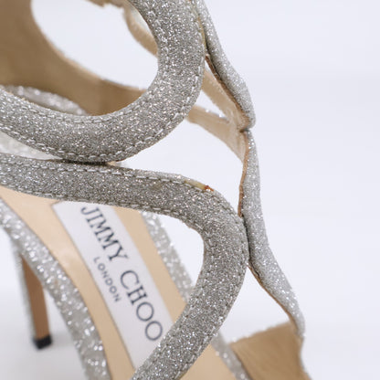 JIMMY CHOO 【Beautiful Condition】LANCER Glitter Ankle Strap Sandals Shoes