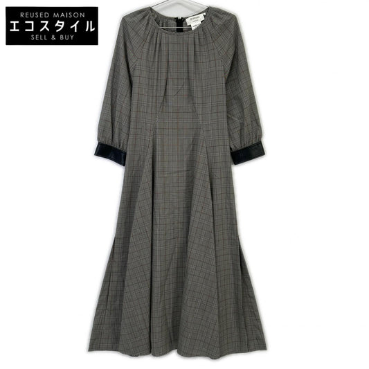 SPORTMAX Grey Plaid Long Dress with Leather Sleeve Panels 40