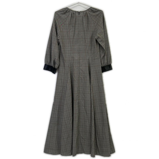 SPORTMAX Grey Plaid Long Dress with Leather Sleeve Panels 40