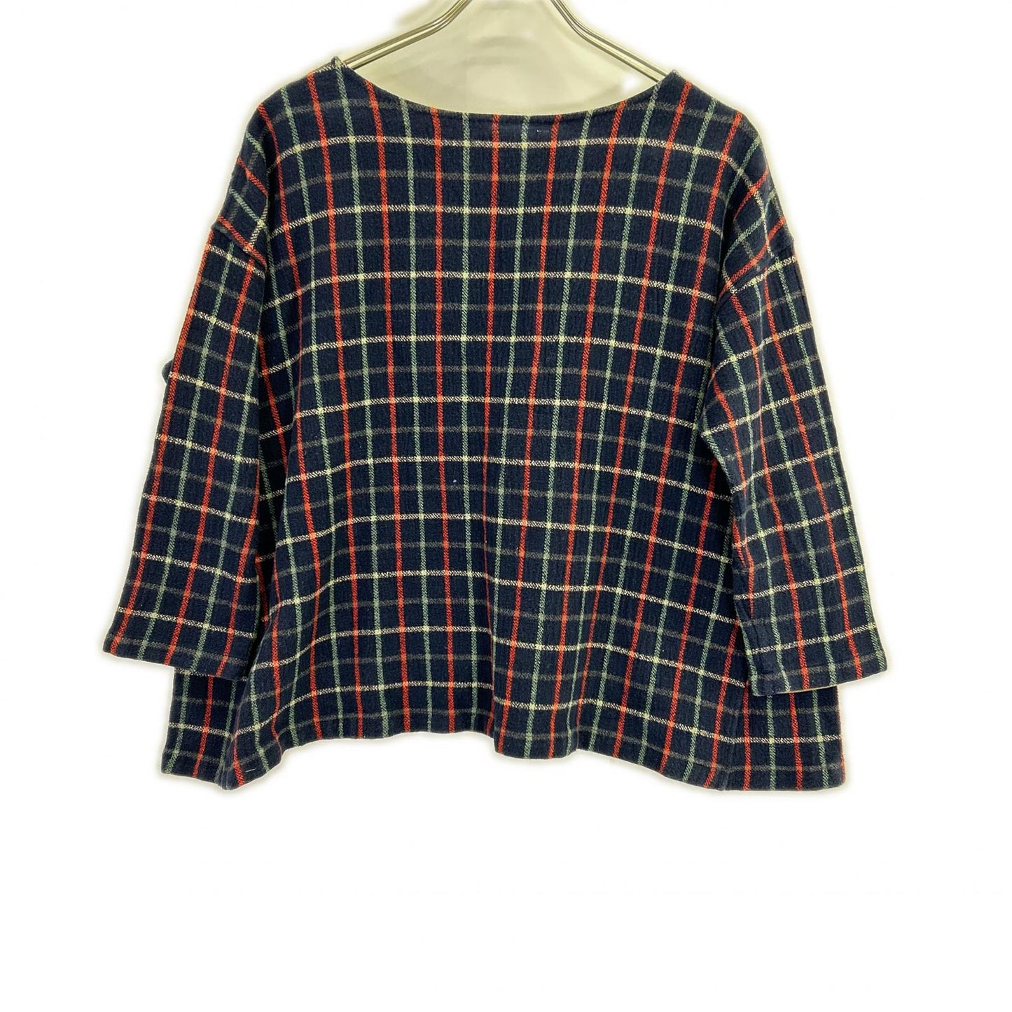 45R 【umii908】Navy Multi-colored Check Boat Neck Cotton Cut-and-Sew Top 0
