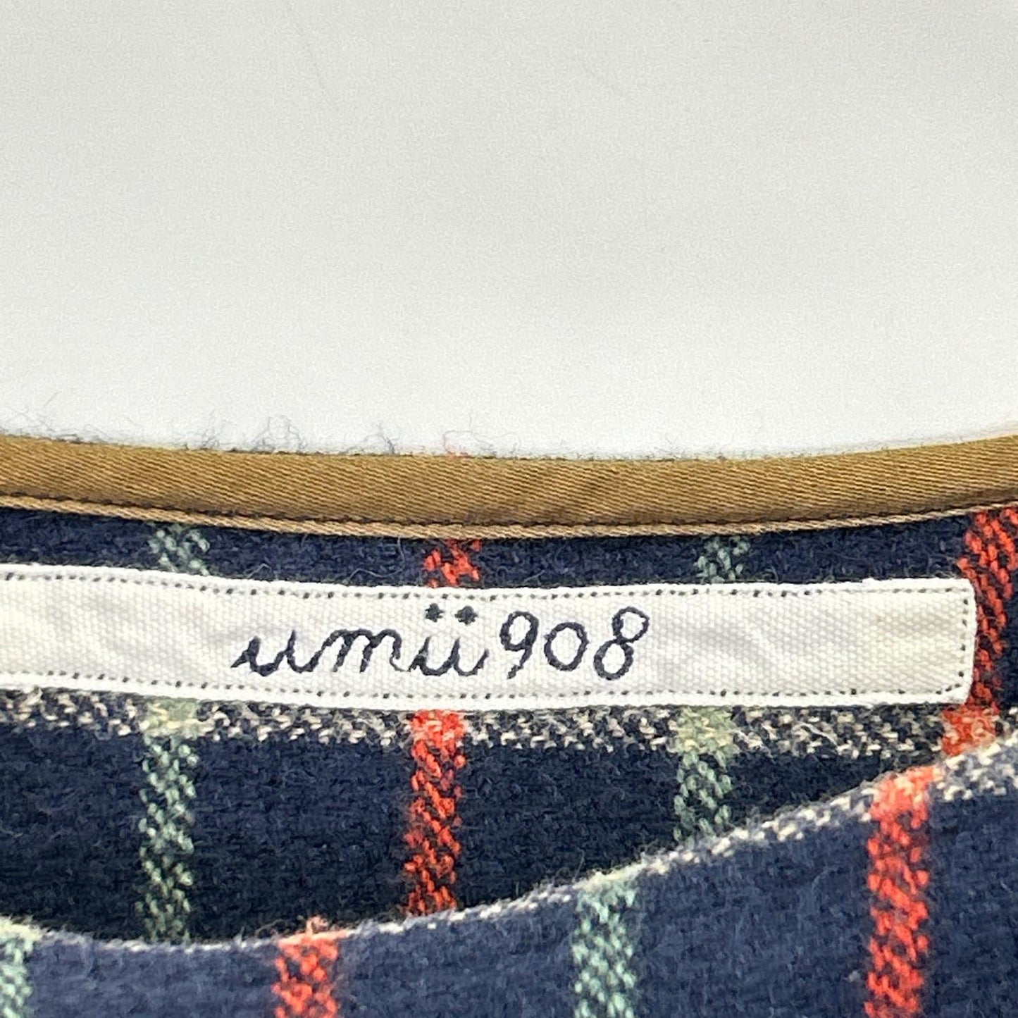 45R 【umii908】Navy Multi-colored Check Boat Neck Cotton Cut-and-Sew Top 0