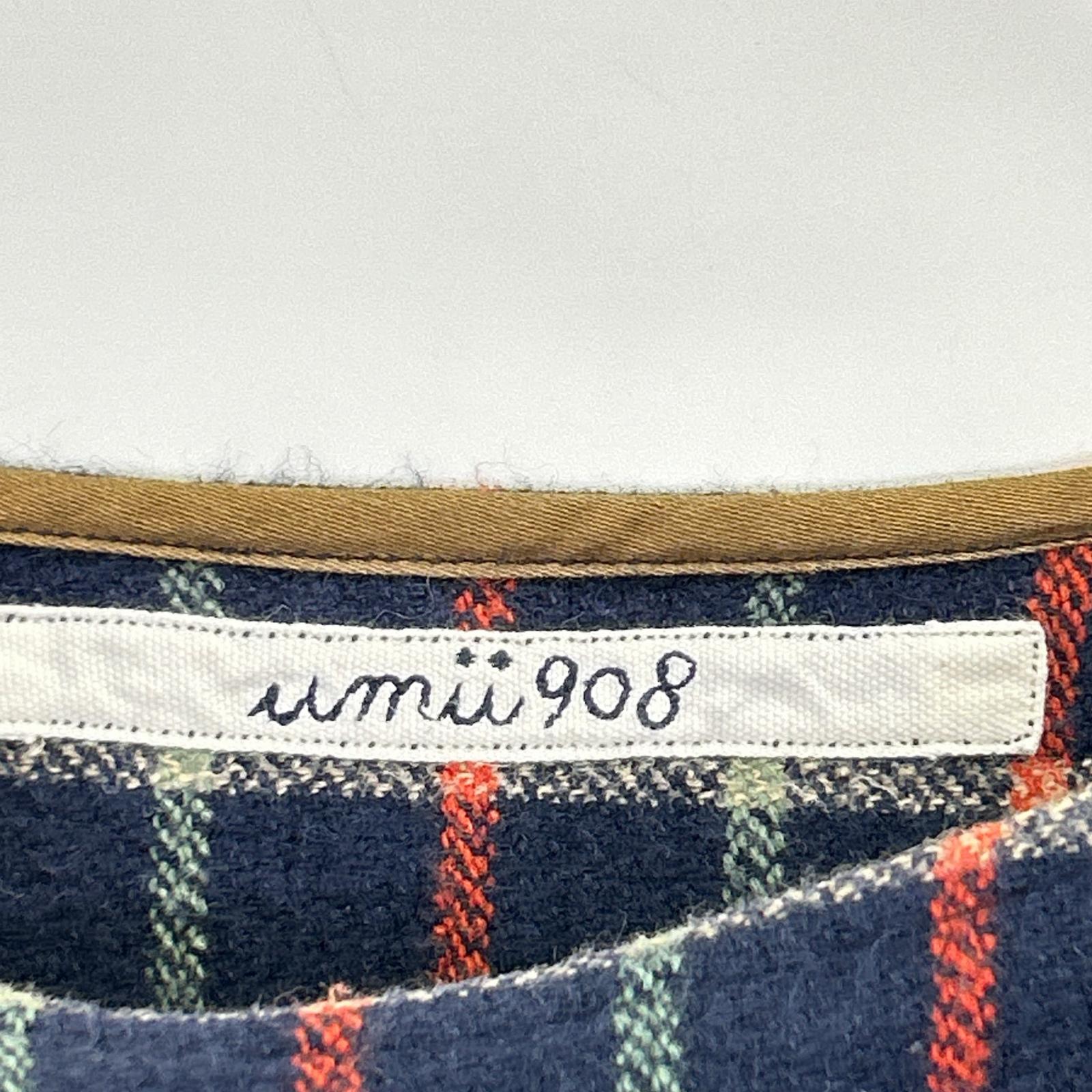 45R 【umii908】Navy Multi-colored Check Boat Neck Cotton Cut-and-Sew Top 0