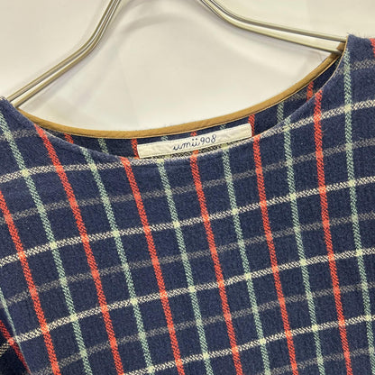 45R 【umii908】Navy Multi-colored Check Boat Neck Cotton Cut-and-Sew Top 0