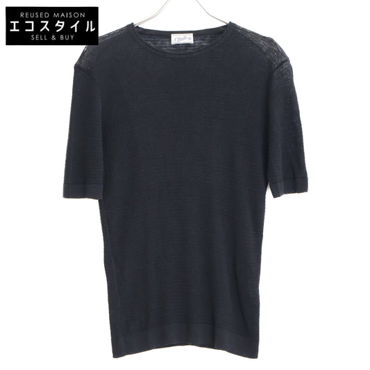 St.moritz Black Linen Sheer Mesh Crew Neck Short Sleeve Cut and Sew Top 48 Men's