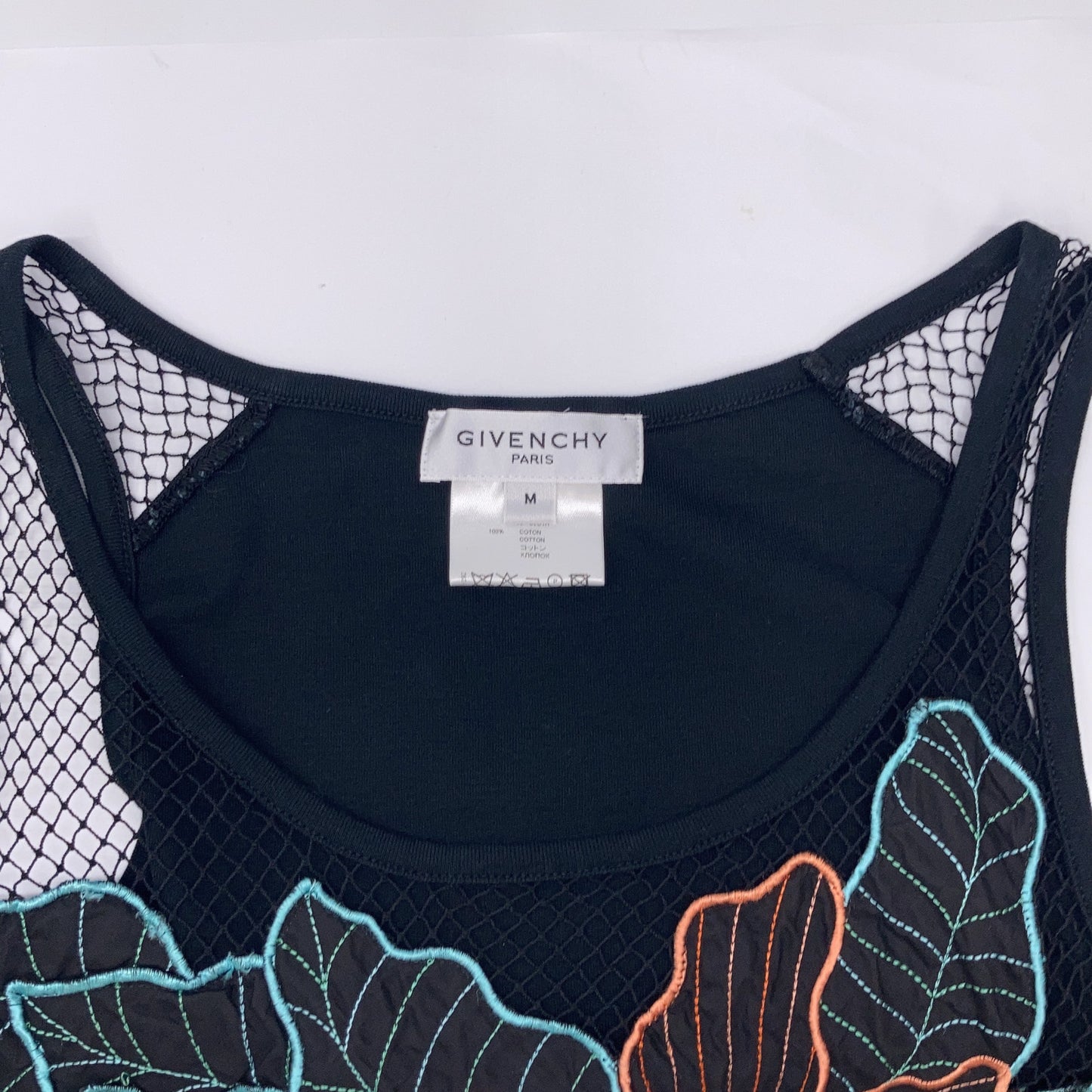 GIVENCHY ジバンシィ ﾌﾞﾗｯｸ ｺｯﾄﾝ ﾌﾗﾜｰﾓﾁｰﾌ ﾒｯｼｭ切り替え ﾉｰｽﾘｰﾌﾞｶｯﾄｿｰ トップス M レディース