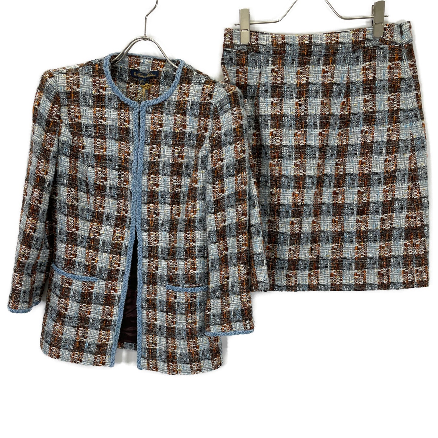 Brooks Brothers ブルックスブラザーズ ライトブルー ノーカラーツイードジャケット スカート セットアップ スーツ セットアップ 0 レディース