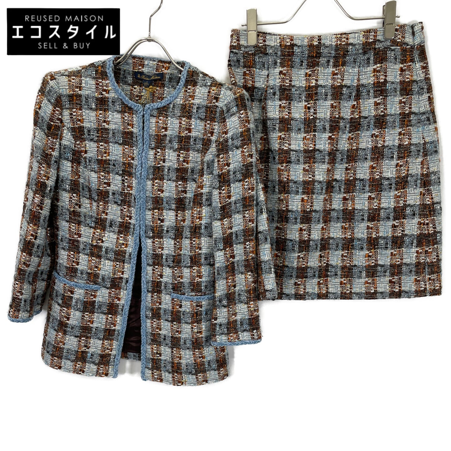 Brooks Brothers ブルックスブラザーズ ライトブルー ノーカラーツイードジャケット スカート セットアップ スーツ セットアップ 0 レディース