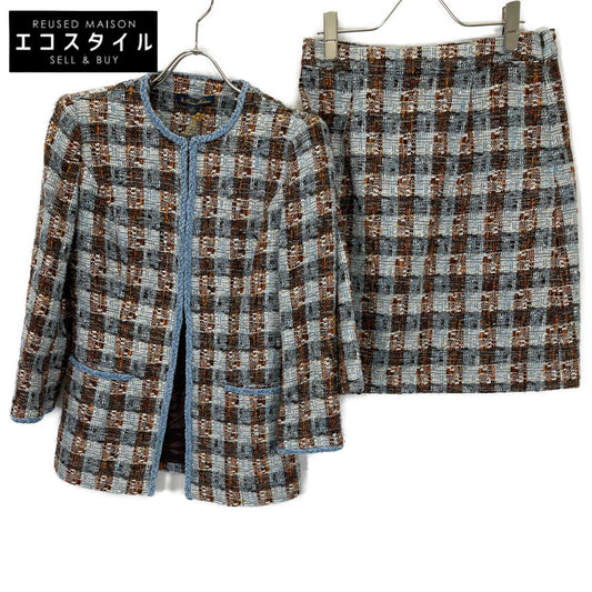 Brooks Brothers Light Blue Collarless Tweed Jacket Skirt Suit Set-up 0 Ladies