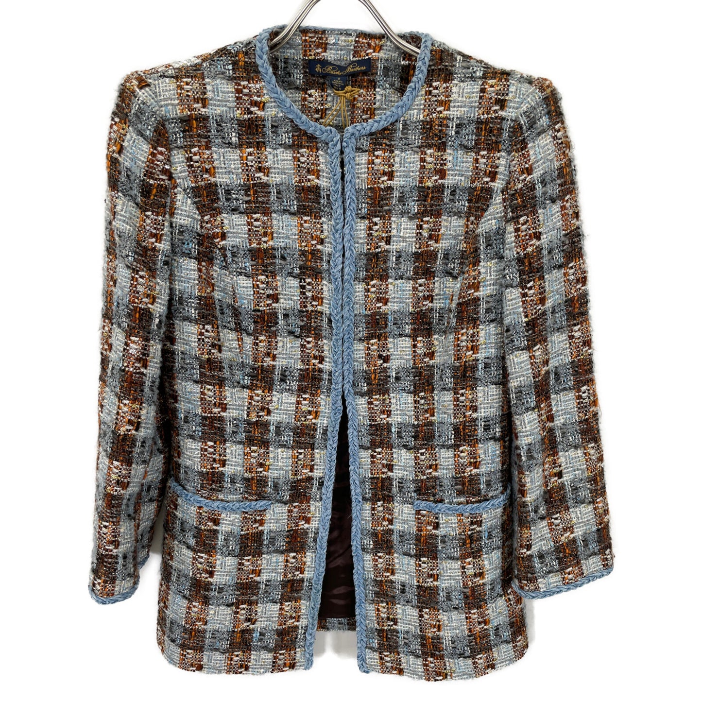 Brooks Brothers ブルックスブラザーズ ライトブルー ノーカラーツイードジャケット スカート セットアップ スーツ セットアップ 0 レディース