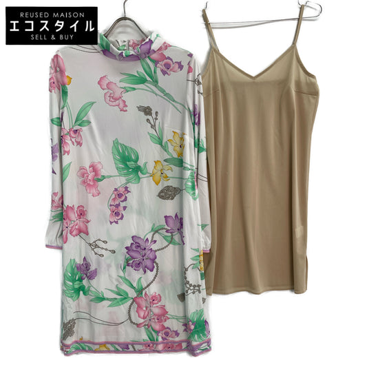 LEONARD 0190201 White Cankan Material Floral High-Neck Dress 38 Ladies'