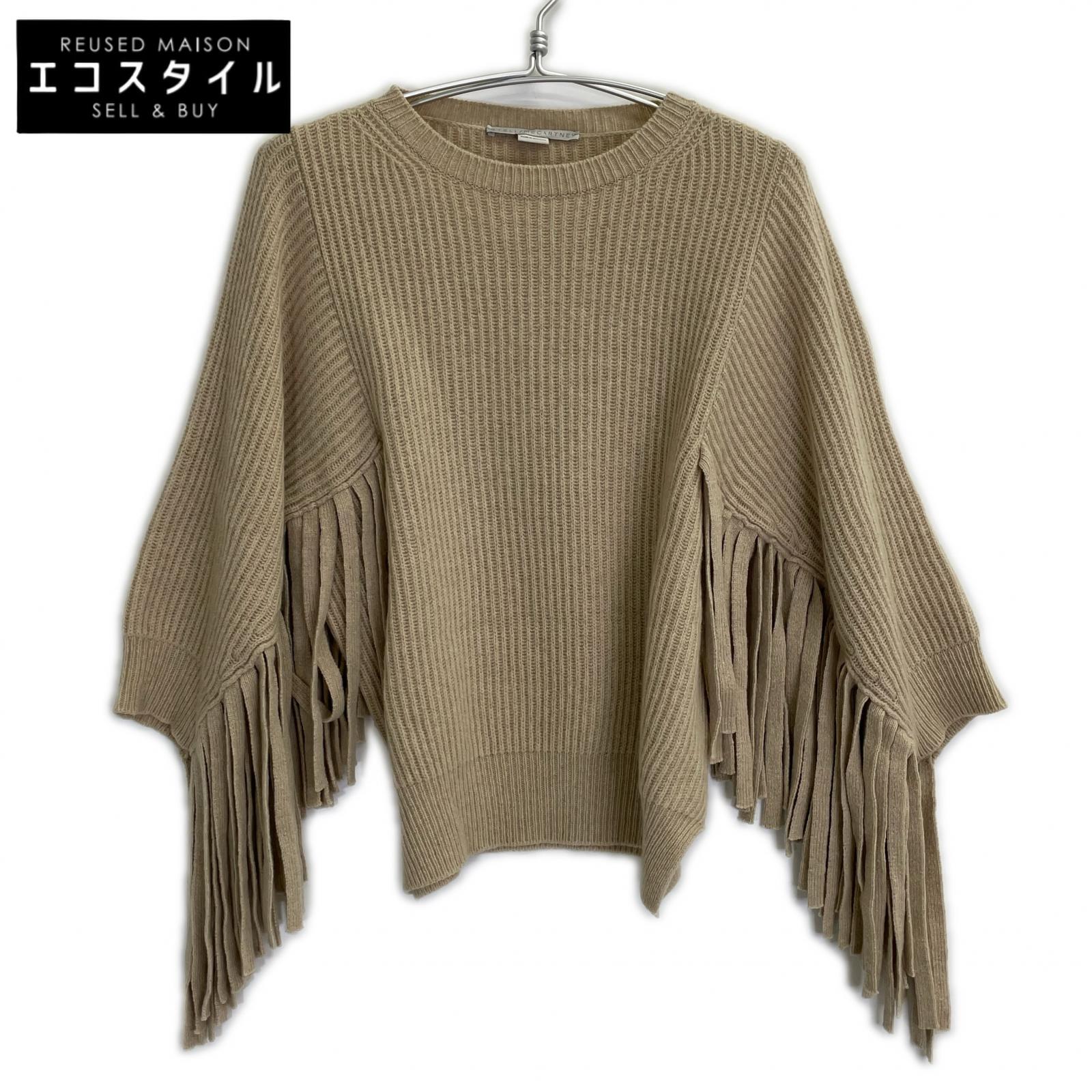 STELLA McCARTNEY Stella McCartney Beige Fringe-Sleeve Crew Neck Knit Top 36