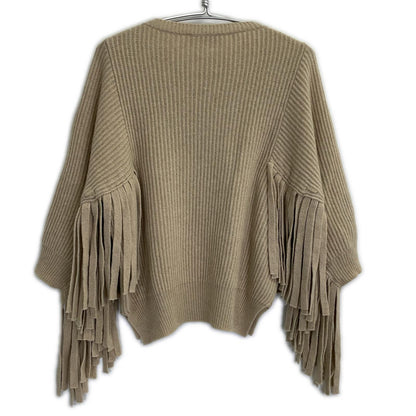 STELLA McCARTNEY Stella McCartney Beige Fringe-Sleeve Crew Neck Knit Top 36