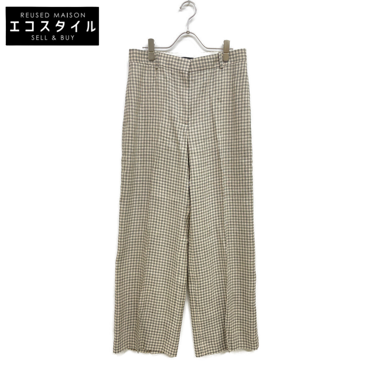 Theory 25SS 01-5106411 Cream Linen x Rayon Linear Check Straight Trousers Bottoms 6 Women's