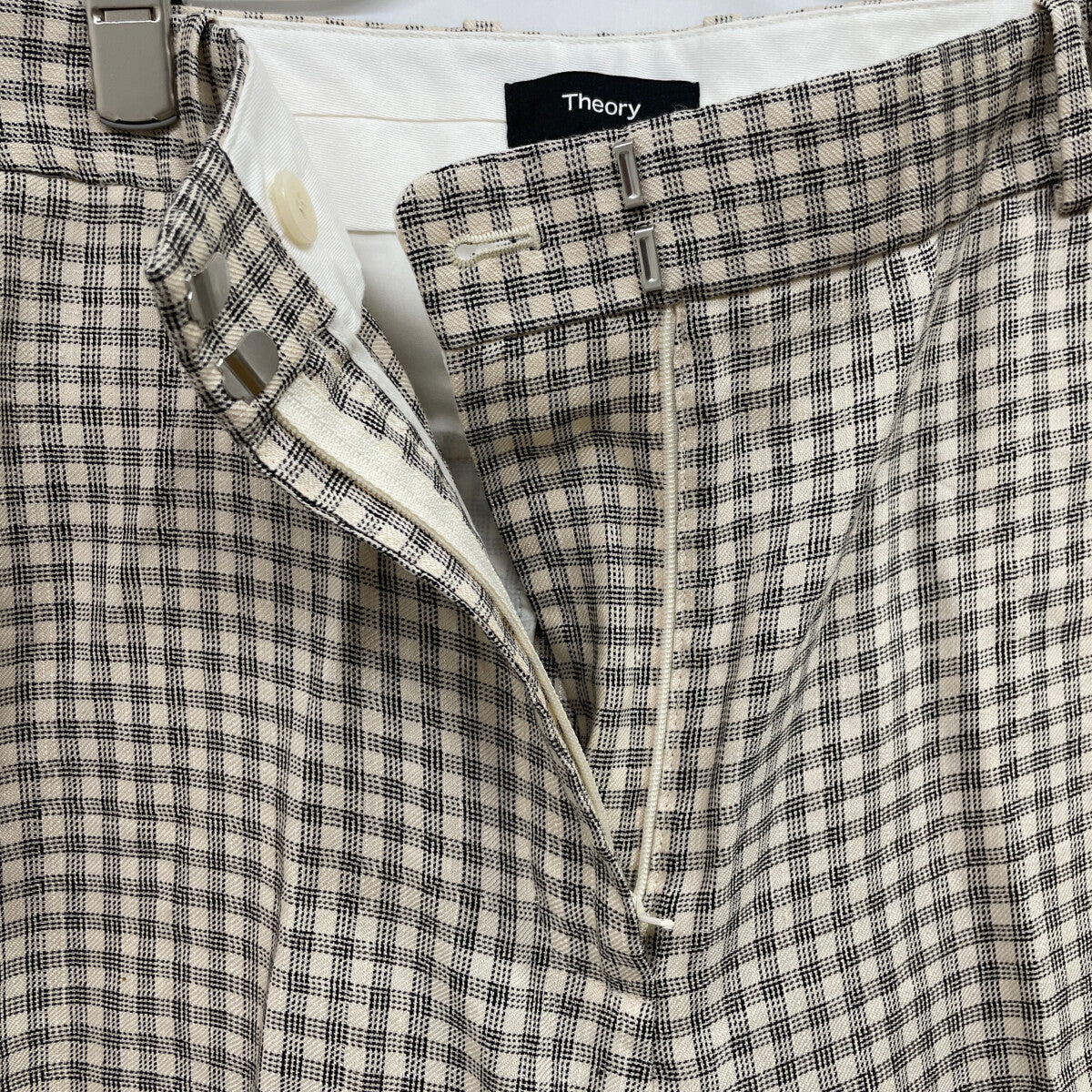 Theory 25SS 01-5106411 Cream Linen x Rayon Linear Check Straight Trousers Bottoms 6 Women's