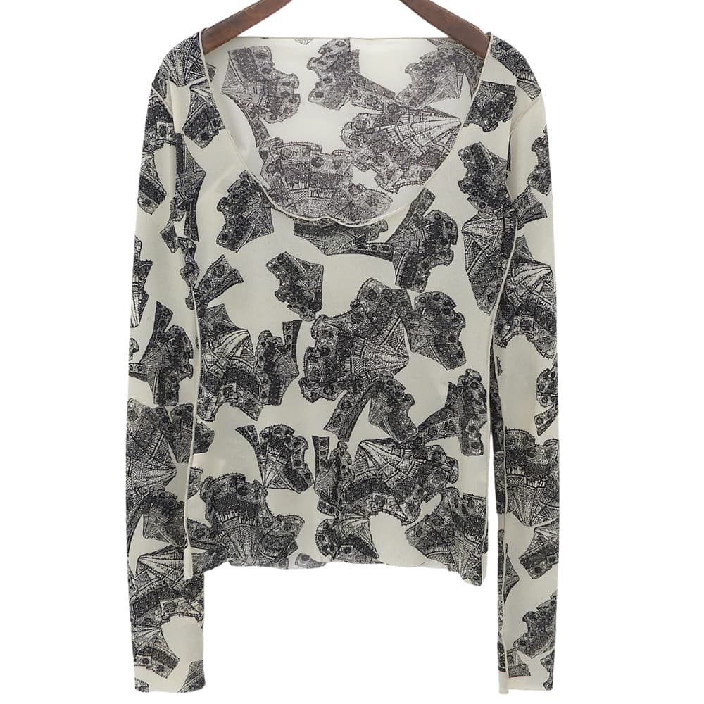 美品 Lace Print Mesh Tops 上衣 女款 灰色 黑色 36 24SS 上衣 36 女款