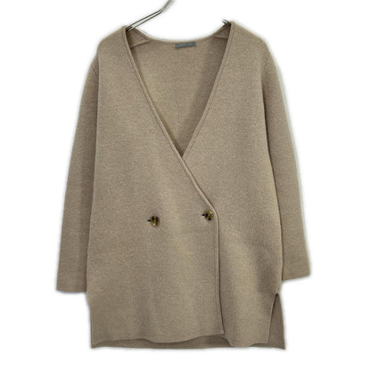 theory luxe Beige Wool x Alpaca Double-Breasted Long Knit Cardigan Top 38