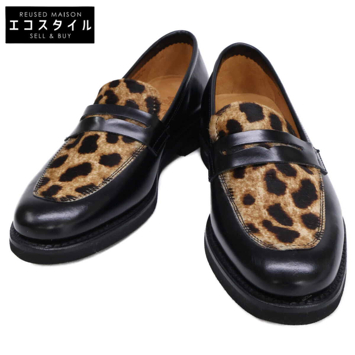 Berwick 【Like New】 Leather×Leopard-Print Calf-Hair Penny Loafers Shoes