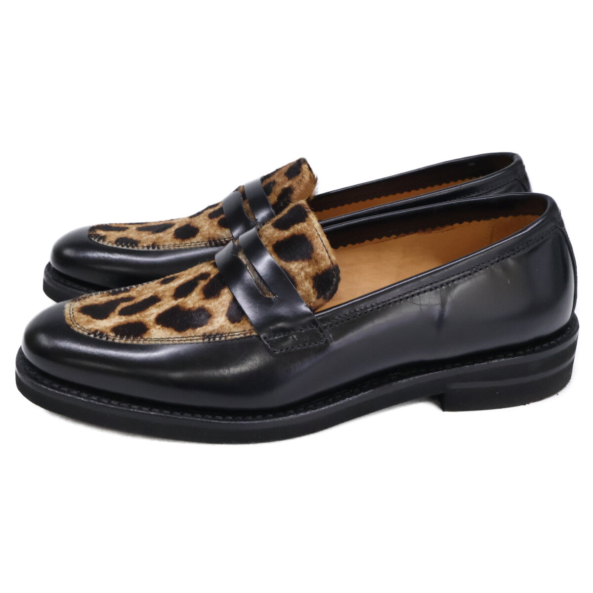 Berwick 【Like New】 Leather×Leopard-Print Calf-Hair Penny Loafers Shoes