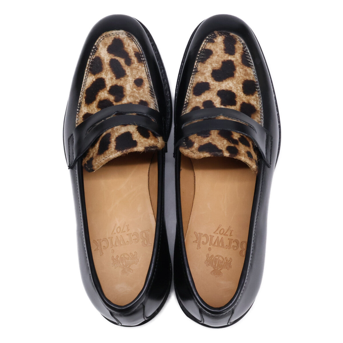 Berwick 【Like New】 Leather×Leopard-Print Calf-Hair Penny Loafers Shoes