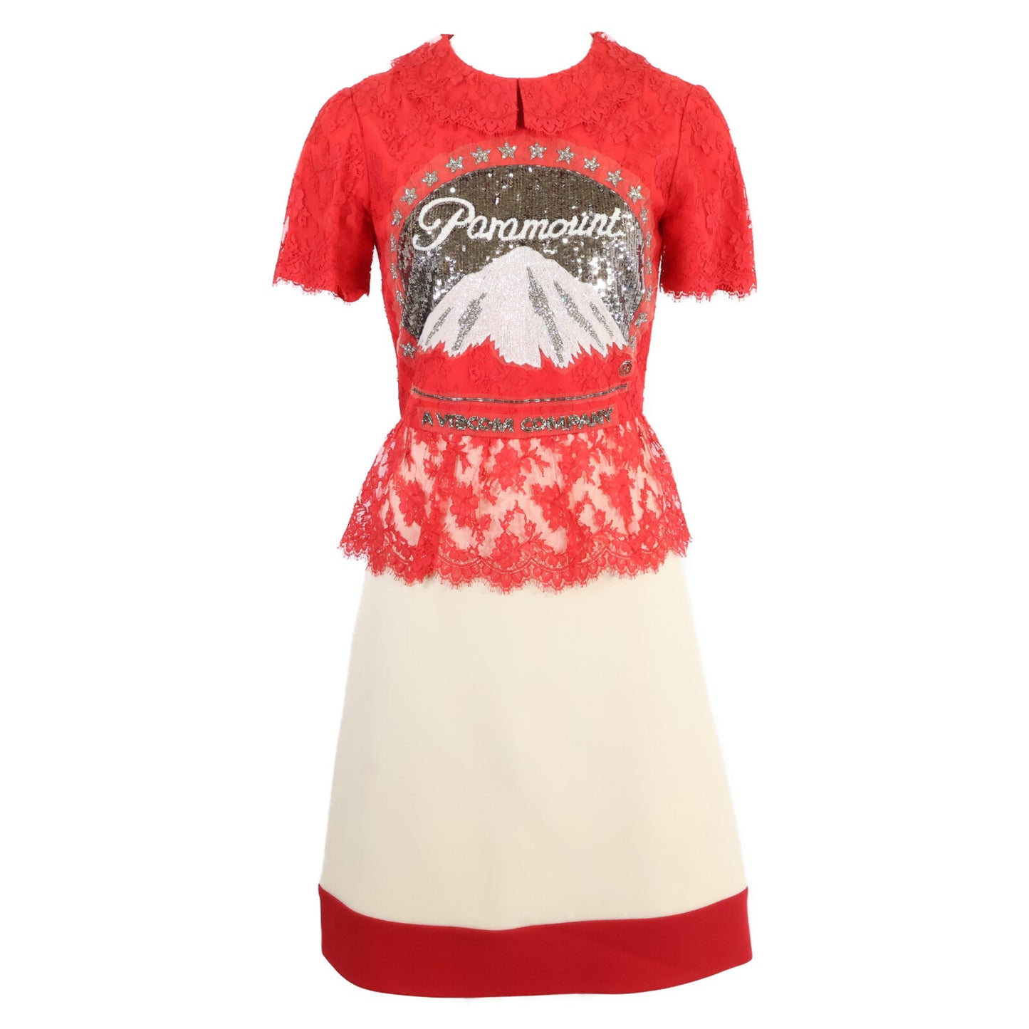 GUCCI 543335 2018 Paramount Sequin Logo Lace Bicolor Dress