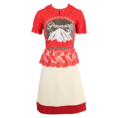 GUCCI 543335 2018 Paramount Sequin Logo Lace Bicolor Dress