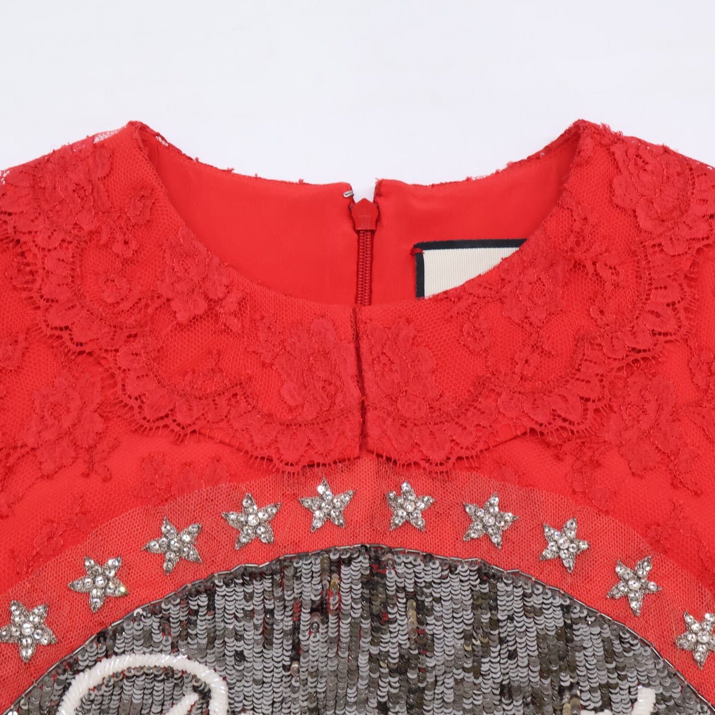 GUCCI 543335 2018 Paramount Sequin Logo Lace Bicolor Dress