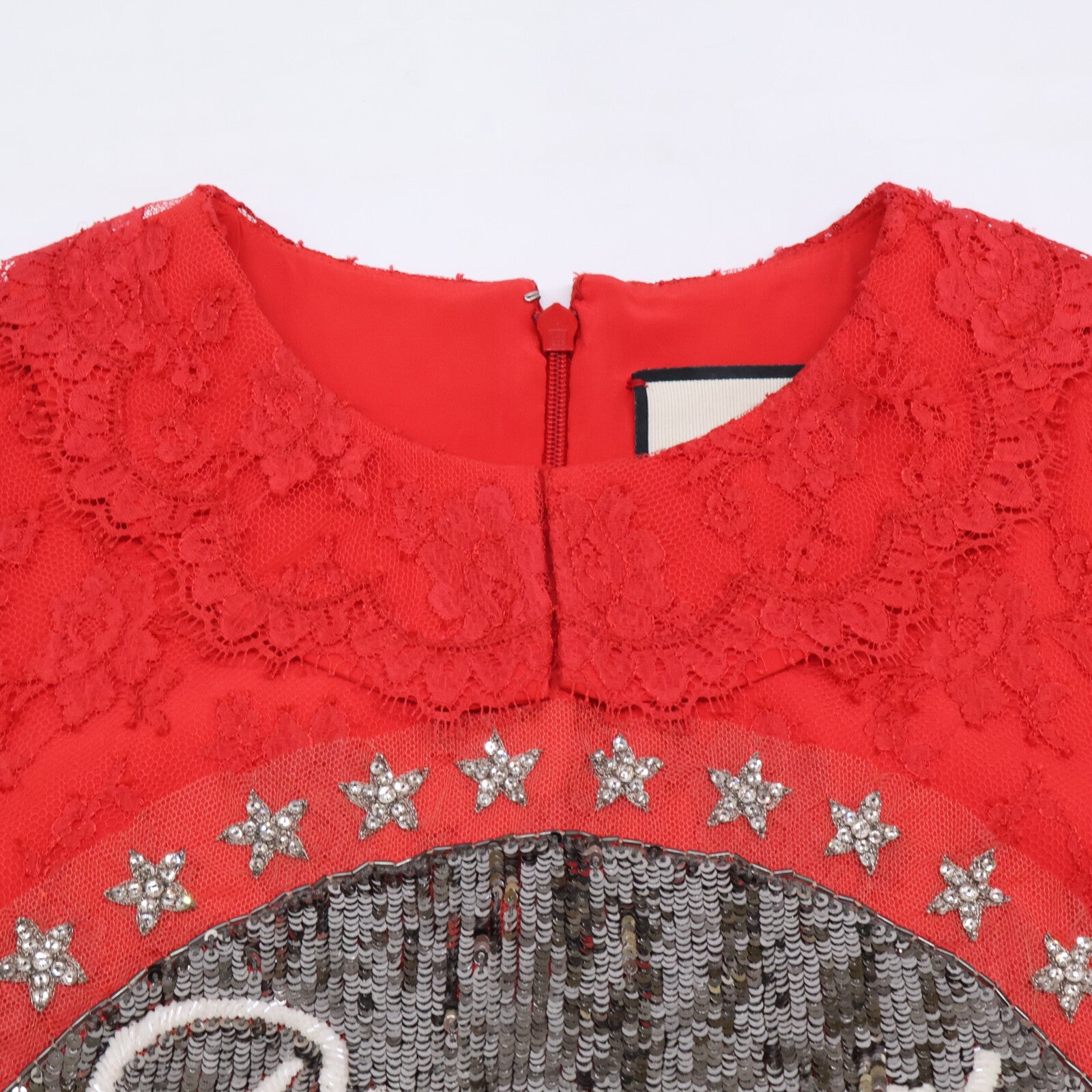 GUCCI 543335 2018 Paramount Sequin Logo Lace Bicolor Dress