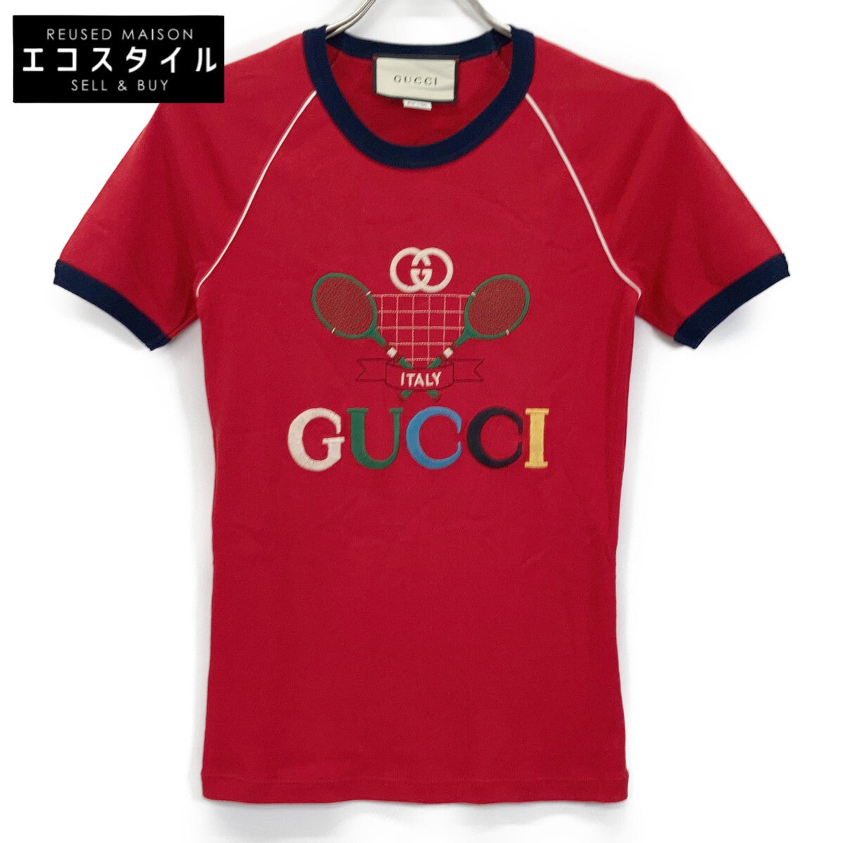 GUCCI 古驰 574386 红色网球棉质平纹针织T恤上衣