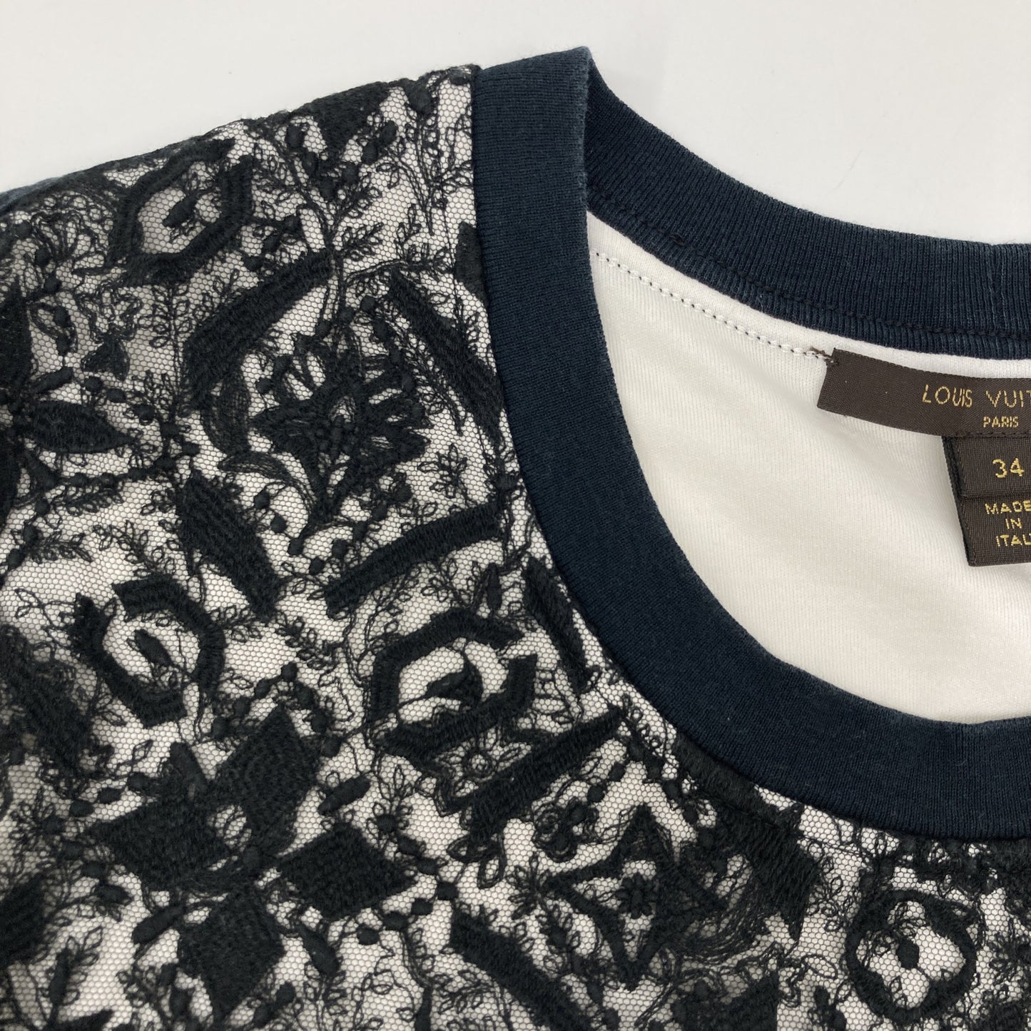 LOUIS VUITTON 路易威登 FATS10QU0 米白色×黑色 蕾丝Monogram刺绣拼接短袖T恤 上衣