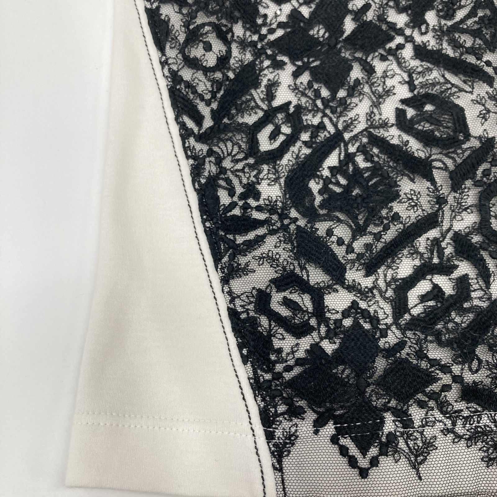 LOUIS VUITTON 路易威登 FATS10QU0 米白色×黑色 蕾丝Monogram刺绣拼接短袖T恤 上衣
