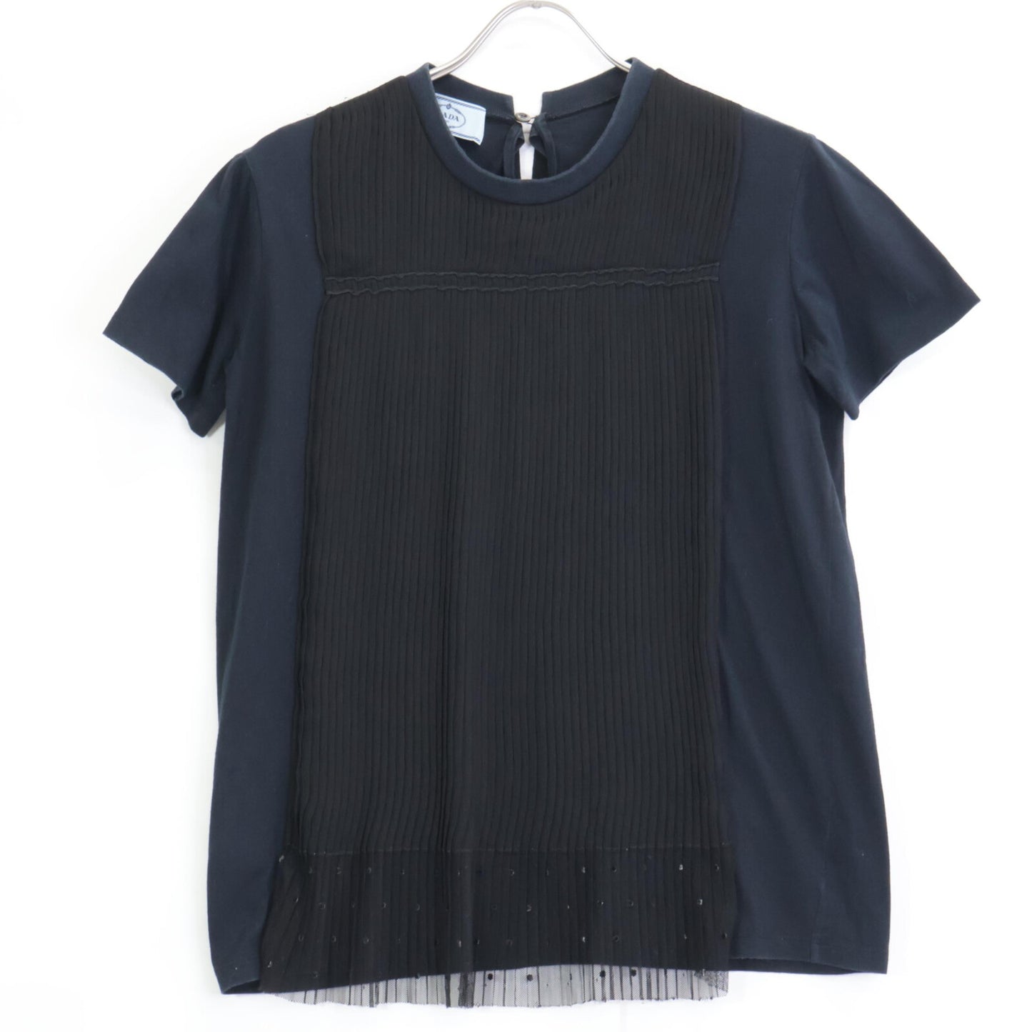 PRADA 35847R S161 Navy x Black Sheer Pleated Short Sleeve Cut and Sew Top